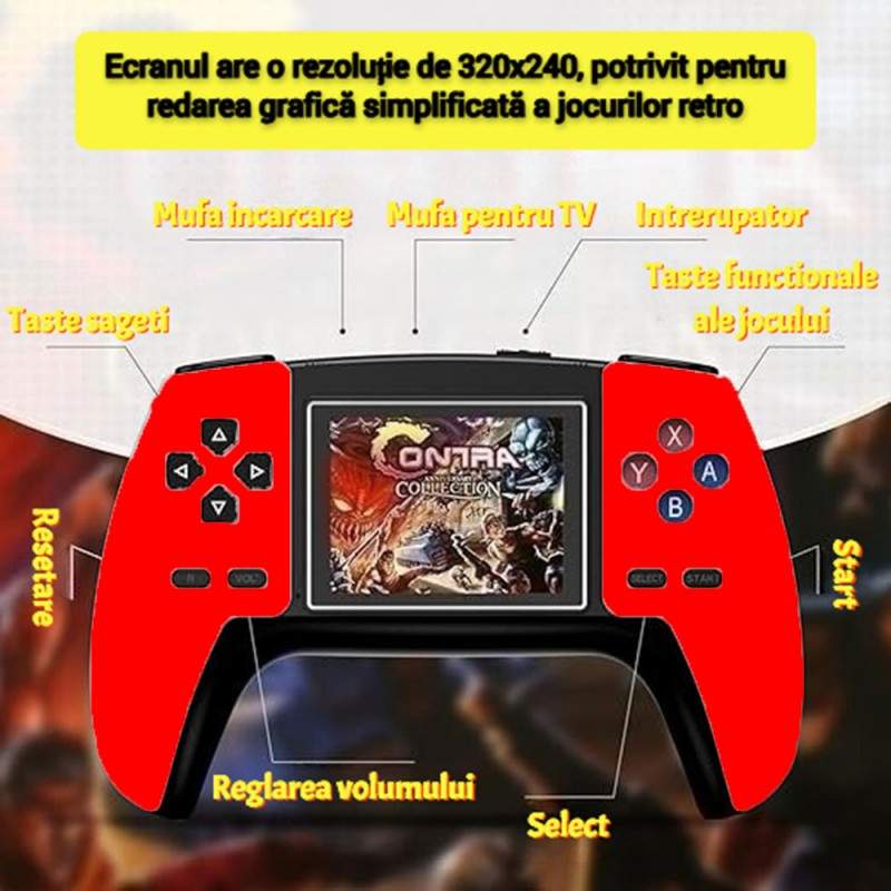 Consola De Jocuri Video P5 SIKS, Portabila, 520 Jocuri Retro, Display Rezolutie 320x240, Iesire AV, Incarcare USB, 1020mAh, Rosu