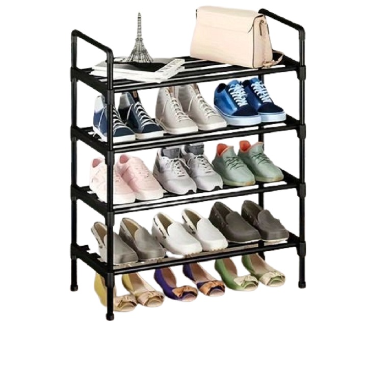 Шкаф за обувки с 4 рафта за обувки, Поставка за обувки, Вместимост 12 чифта обувки, Лесен монтаж, Лек и стабилен, Черен