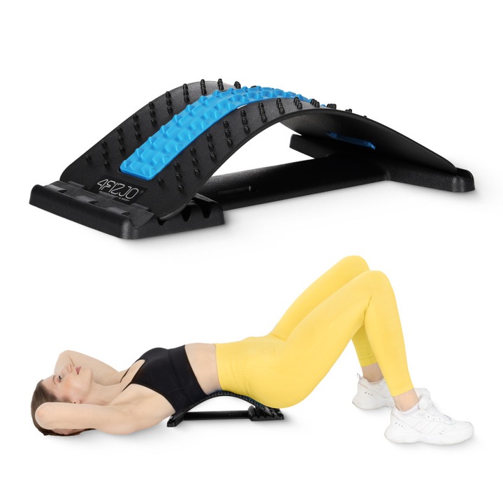 Dispozitiv ortopedic 3 in 1, 4FIZJO, pentru suportul, intinderea, masajul si relaxarea gatului si spatelui, masajul si relaxarea zonei lombare, 4 niveluri de reglare a inaltimii, tampoane de masaj, durabil si sigur, 38 x 24 cm, Plastic, Negru/Albastru