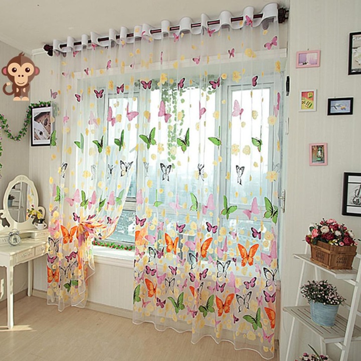 Perdea poliester model fluturi si flori, alb, 200x100cm
