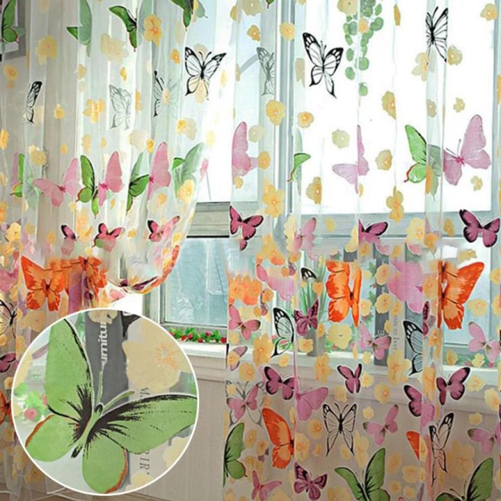 Áttetsző függöny, pillangók és virágok, poliészter, 200x100cm