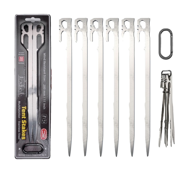 Комплект 6 колчета за палатка, неръждаема стомана, многофункционални, сребристи, 28 см