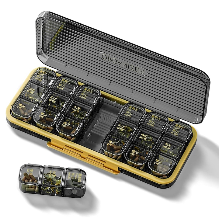 Organizator pastile, 7 zile, 21 compartimente, recipiente detasabile, plastic, 22.5x9.5x3cm, Negru/Galben