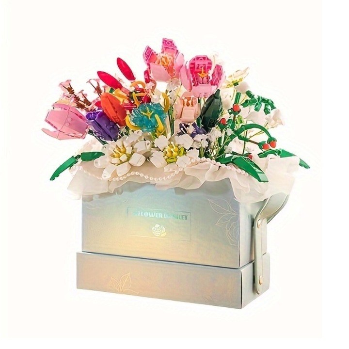 Örök virágcsokor építőkocka készlet, WALALLA, Tartozék hordtáska, LED fénycsík, 28X21X25,2CM, 761 db, Tulipán, Kék