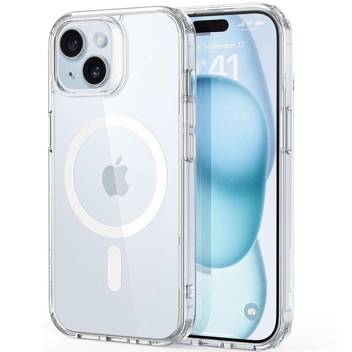 Husa telefon, compatibil Apple iPhone 15 Plus, rezistenta la zgarieturi, colturi absorbante de socuri, transparenta