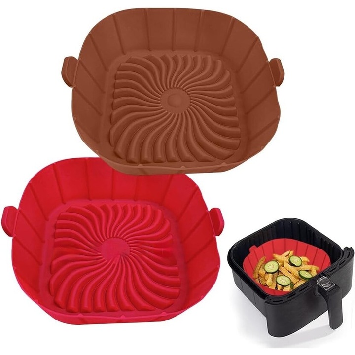 Set 2 Hartie de copt, Silicon, reutilizabile, accesorii copt airfryer, fara BPA, 22.5x21x6cm, Rosu/Rosu maroniu