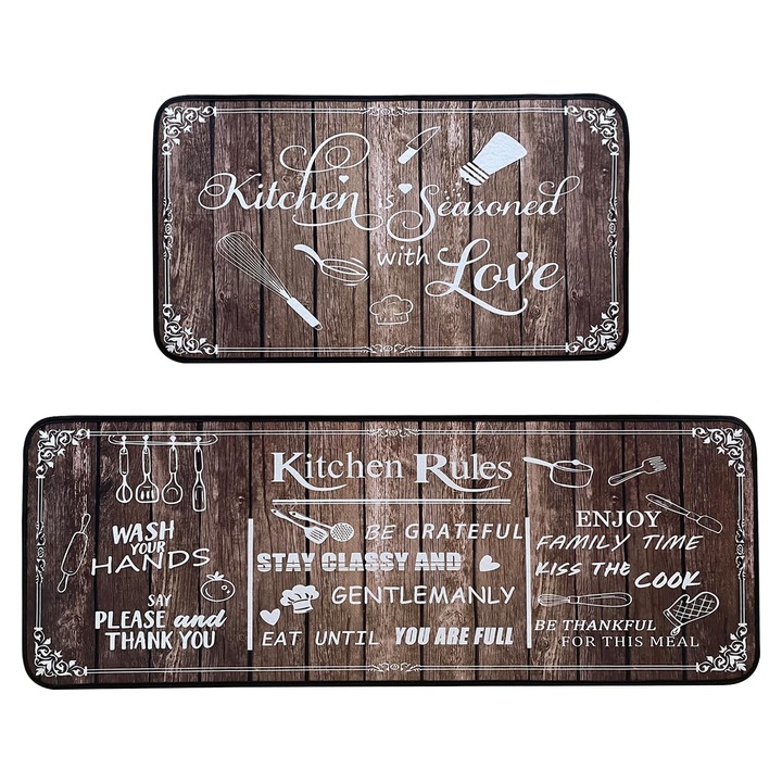 Комплект 2 кухненски килима, PHIKER, микрофибър, 40x60см/40x120см, кафяв