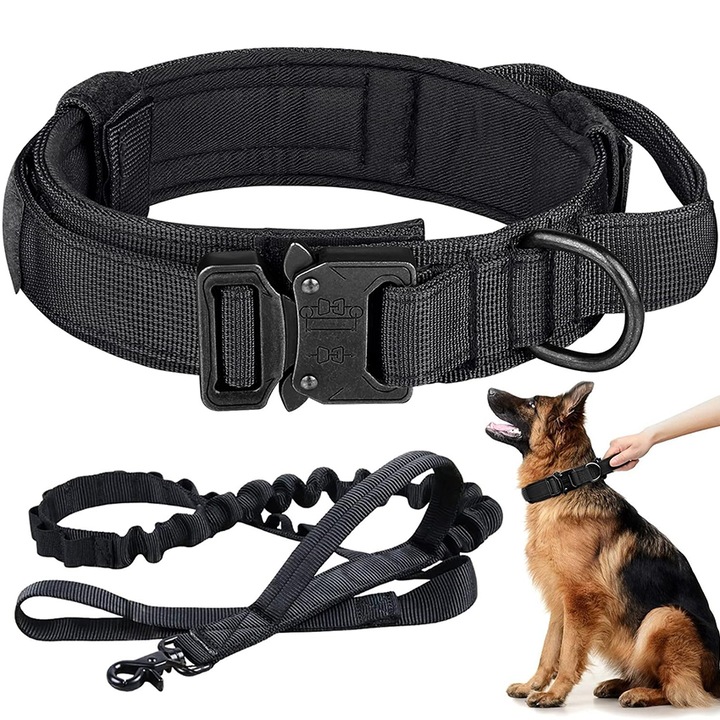 Тактически комплект нашийник и каишка за кучета, Chucai, регулируем, найлон, черен, XL, 50-62 см, 3,8 см ширина