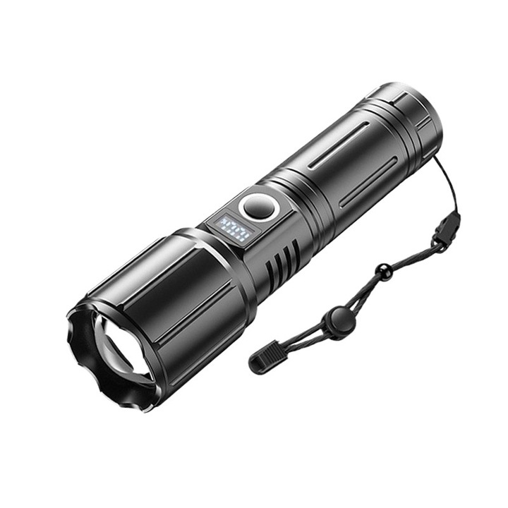 Метален фенер, дигитален дисплей, 5 режима, черен, 18.5х4см