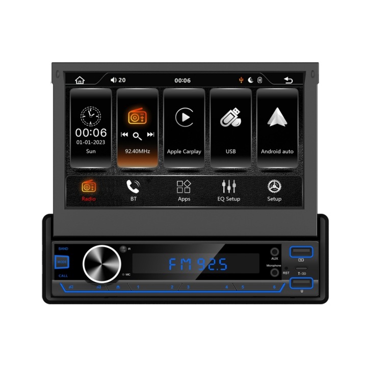 Радио за кола, 7 инча, сензорен екран, поддръжка на Carplay и Android Auto, резолюция 1024x600, мощност 4x45W