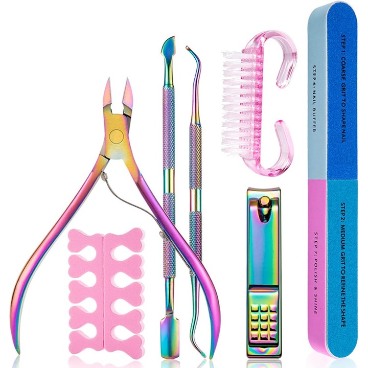 BYONDSELF® Комплект инструменти за маникюр от 7 части с нокти, четка за кожички, разделител за пръсти, цвят