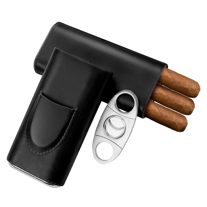 Кутия за пури Chucai, кожена, 3 отделения, с нож, черна