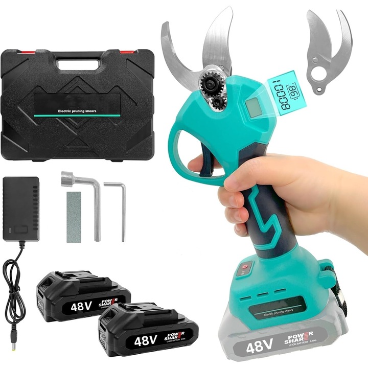 Foarfeca electrica pe acumulator pentru gradina, VINTOP®, 48 V, putere maxim 800 W, Baterie 6000mAh, motor brushless, cu afisaj, valiza de transport, taiere maxim 30 mm, Albastru