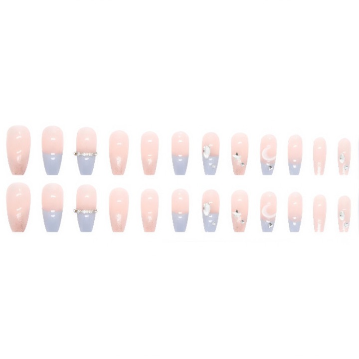 Set 24 unghii false press-on, ABS, tip balerina, Adezive, Multicolor, z452