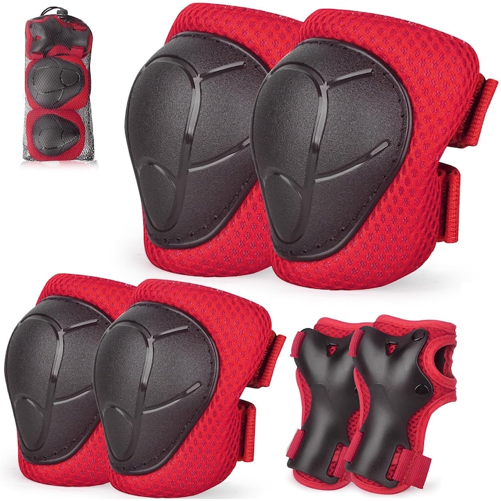 Комплект детски наколенки, налакътници и предпазители за китки, 3 - 10 години, с чанта за носене, розов