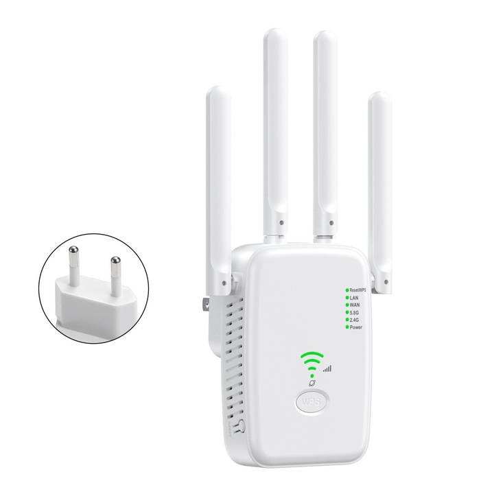 Усилвател на безжичен сигнал, Chigoods, WiFi удължител, 1200Mbps 2,4 Ghz/5 Ghz, бяло