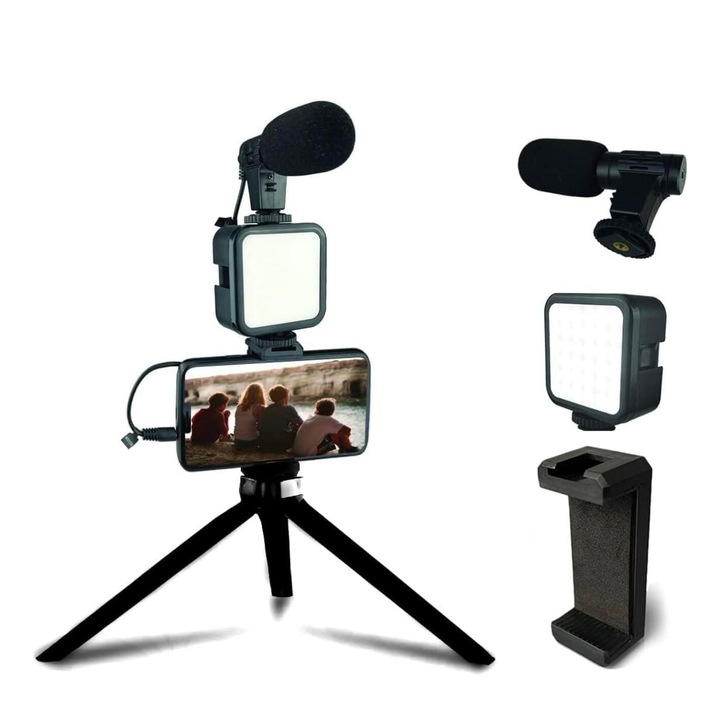 Kit Vlogging Profesional pentru filmari video, Luminozitate de 300 Lumen, Alimentare cu Baterii AA, Design Compact Negru