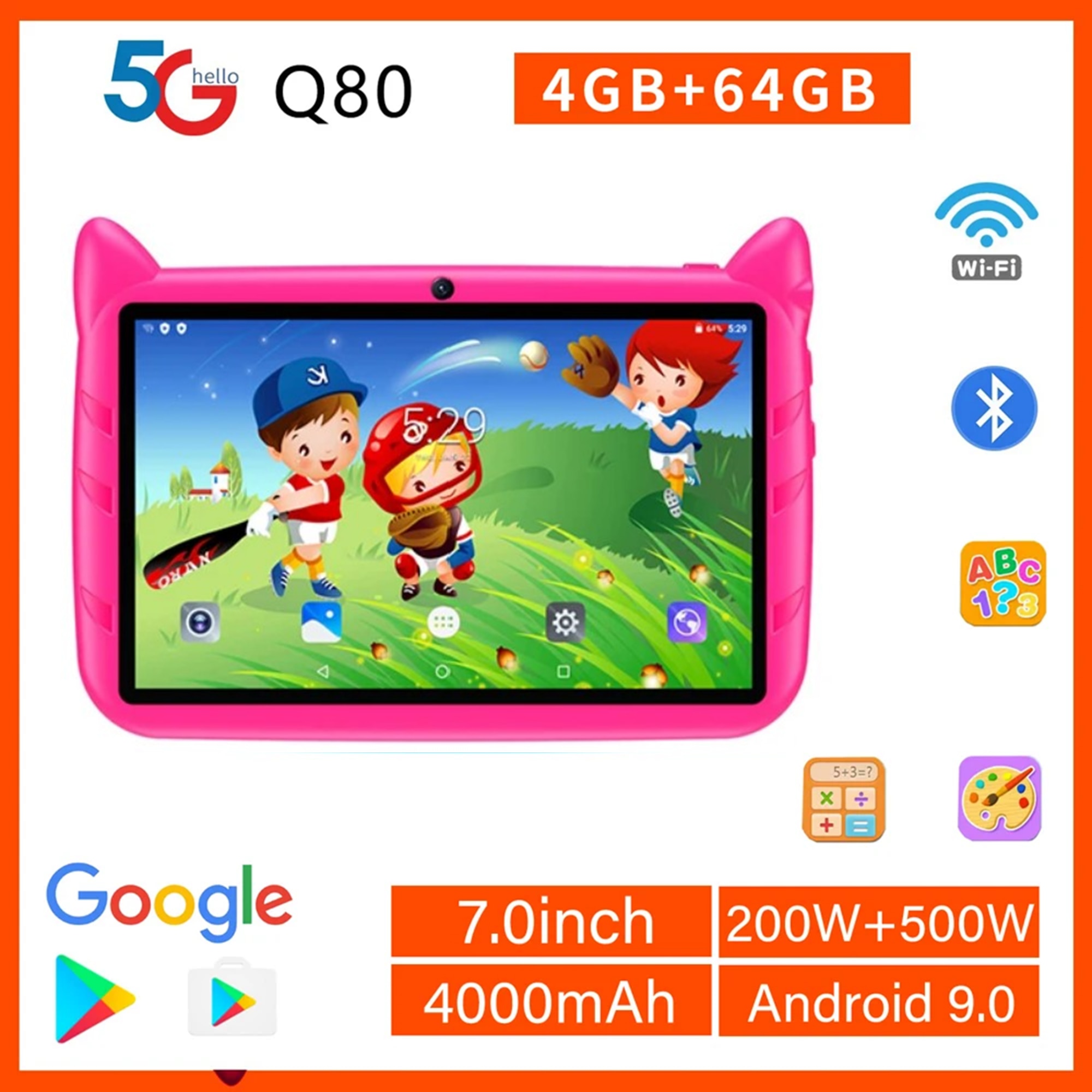 Tableta pentru copii, 7 Inch, 5G WiFi, Quad Core Android, 4GB RAM 64GB ROM, Mod de control parental online, Bluetooth, WiFi, Roz