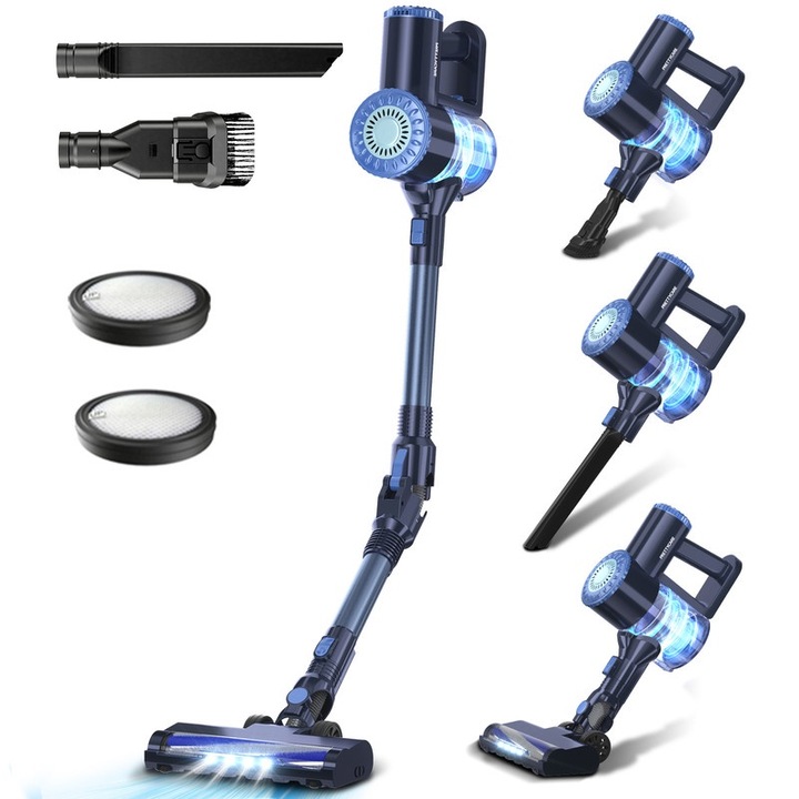 Акумулаторна прахосмукачка PRETTYCARE W400, 25000Pa, въртяща се глава на 180°, LED, синя, 1.2L