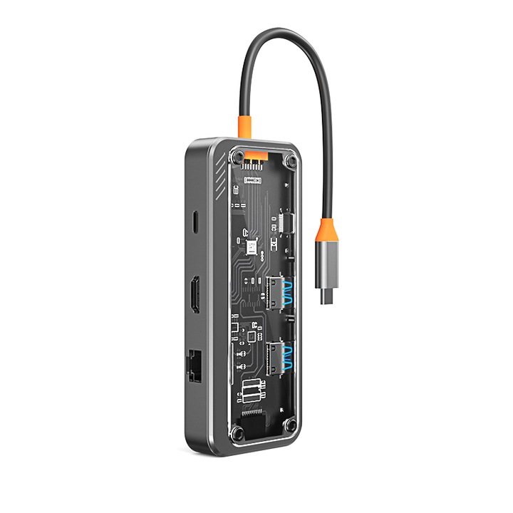 4K мултимедиен хъб, Cyberpunk стил, Type-C адаптер, 100W бързо зареждане, HDMI порт, USB 3.0, SD/TF слотове, 100M Ethernet