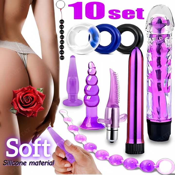 Set jucarii anale, EXCITAT®, 10 piese, Set de stimulare anala si vaginala, Impermeabil, silicon/ABS, Dimensiuni diferite pentru a se potrivi majoritatii, Unisex, Distractie de cuplu, mov