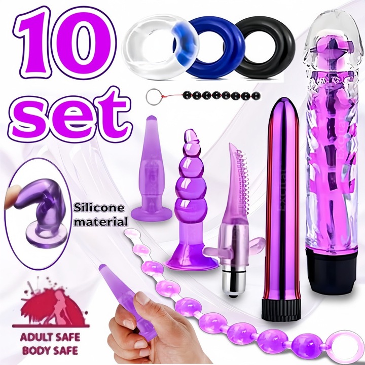 Set jucarii anale, EXCITAT®, 10 piese, Set de stimulare anala si vaginala, Impermeabil, silicon/ABS, Dimensiuni diferite pentru a se potrivi majoritatii, Unisex, Distractie de cuplu, mov