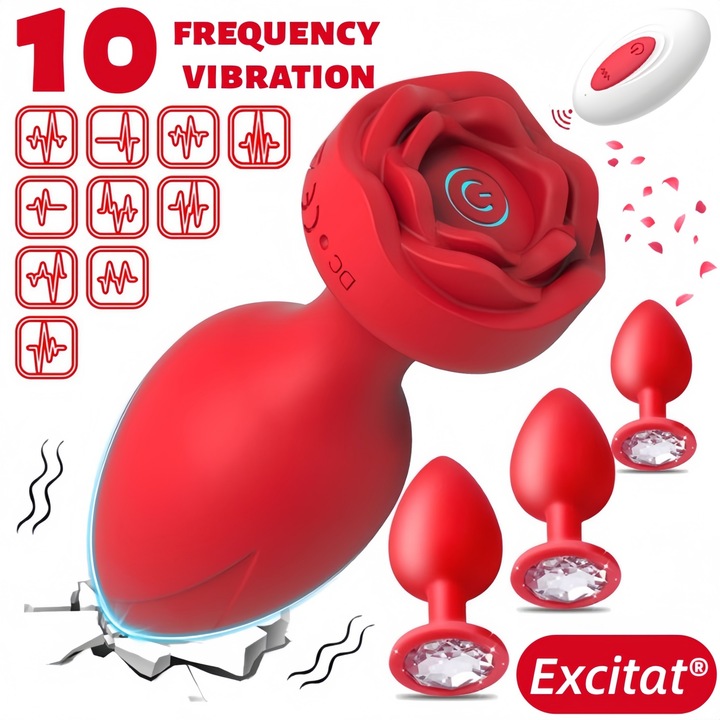 Set de 4 dopuri anale Sex Toys Vibrator, EXCITAT®, silicon, control la distanta, 10 moduri de vibratii, rezistent la apa, rosu