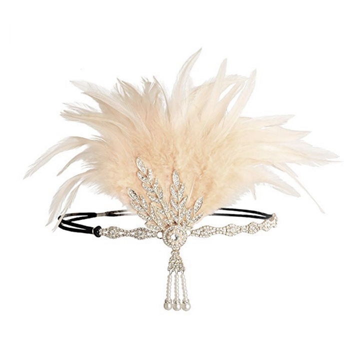 Bentita Costum Art Deco Flapper, Aliaj, cu Pene, Argintiu/Galben