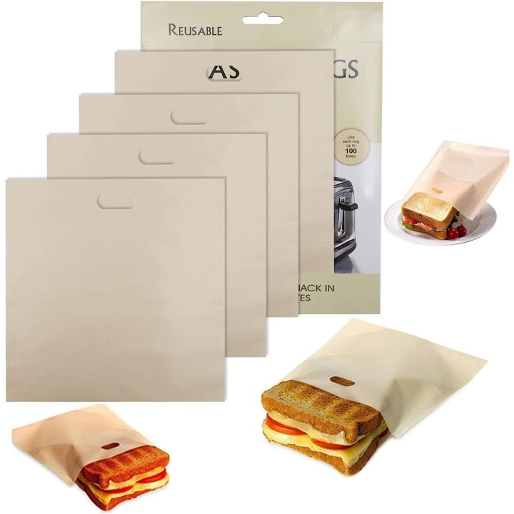 4 db többször használható zacskó süteményekhez és grillsajtos szendvicsekhez, 17x19 cm, barna, teflon üvegszálas. A legbiztonságosabb a piacon, 100% BPA és gluténmentes, és tapadásmentes