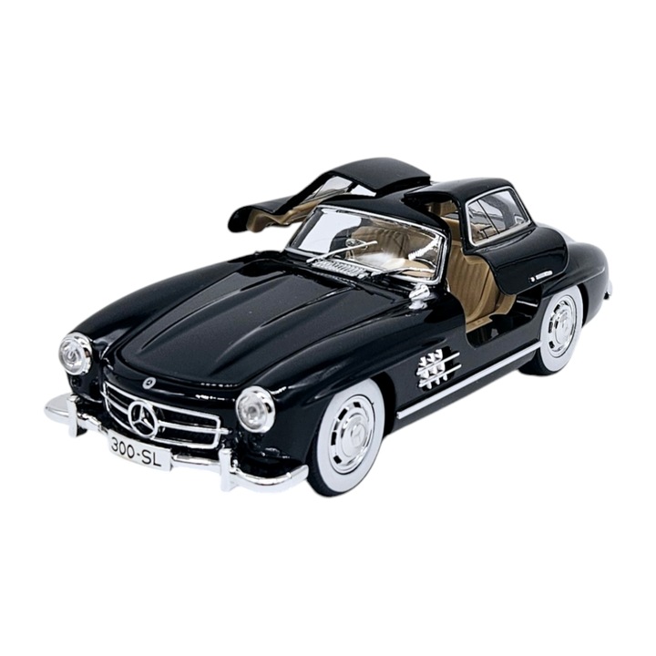 Mercedes-Benz 300 SL fémautó füsteffektusokkal, Hangok és fények, Csomagtértető és 2 nyitható ajtó, Elemekkel, 21 cm, Fekete