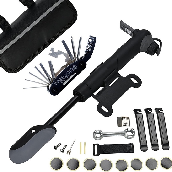 Комплект за ремонт на велосипеди BOMSTOM, 16 в 1, чанта за рамка, мини помпа 120 psi, лост за гуми, самозалепващи лепенки, многоцветен