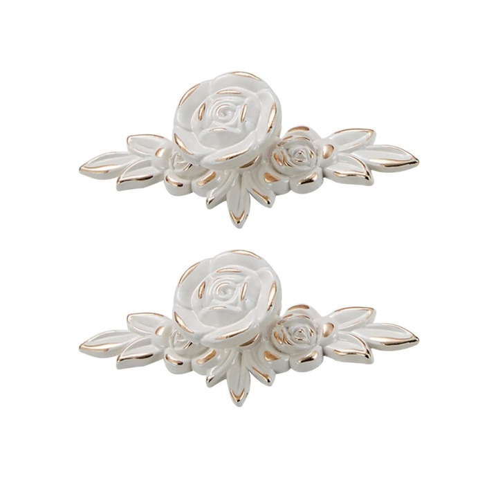 Set de 2 manere pentru mobilier, DOITOOL, in stil Vitange, In forma de trandafiri, 10.2 x 4.3 x 2.7 cm, metalice, Alb si auriu