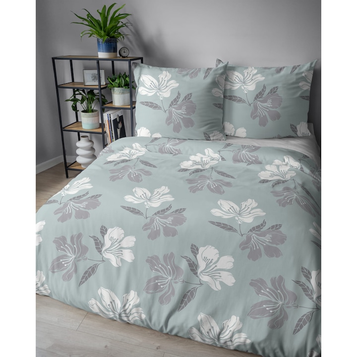 Lenjerie de pat, Detexpol, 3 piese, Flanel, 155 g/m2, Husa pilota 220 x 200 cm, 2 x fata de perna 70 x 80 cm, Gri