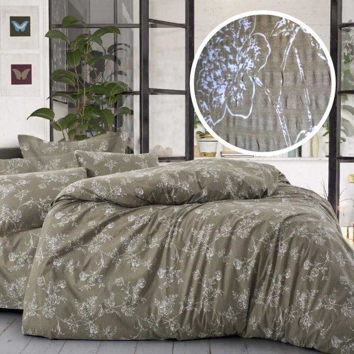 Lenjerie de pat dublu creponata, bumbac 100%, 4 piese, cearceaf de pat cu elastic 140x200cm, Lenjerii Deosebite, CREP4