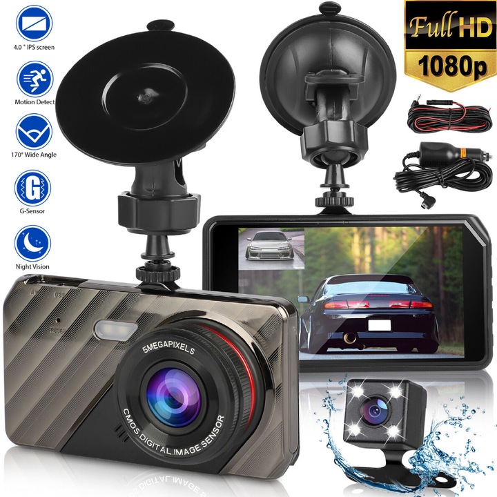 Двойна предна и задна камера за кола X4, Full HD, аудио-видео, 4" екран, ъгъл 170 градуса, G-сензор, слот за карта, цикличен запис