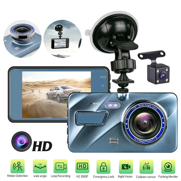 Двойна предна и задна камера за кола, TSS-A10, DVR, 4" екран, 170 градусов ъгъл, Full HD, нощно виждане, G сензор, откриване на движение