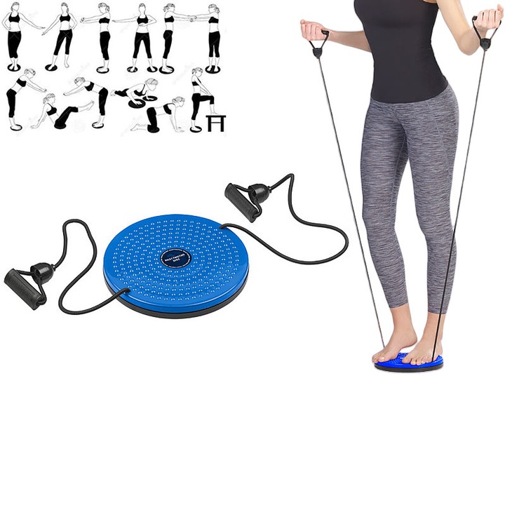 Disc de rasucire pentru talie cu franghie de tragere, Body Building, pentru exercitii de sold si talie, Albastru