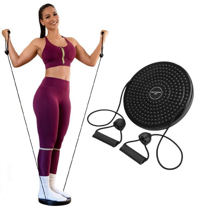 Disc de rasucire pentru talie cu franghie de tragere, Body Building, pentru exercitii de sold si talie, Negru