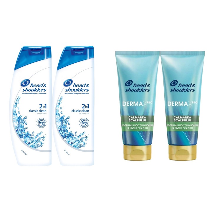 Set Igiena Head&shoulders 4 x Componente, 2 x sampon 200ml 2in1 classic clean, 2 x derma x balsam 220ml calmare, testat dermatologic, prospetime de lunga durata, delicat pentru scalp, non-toxic, eco-friendly, aspect stralucitor