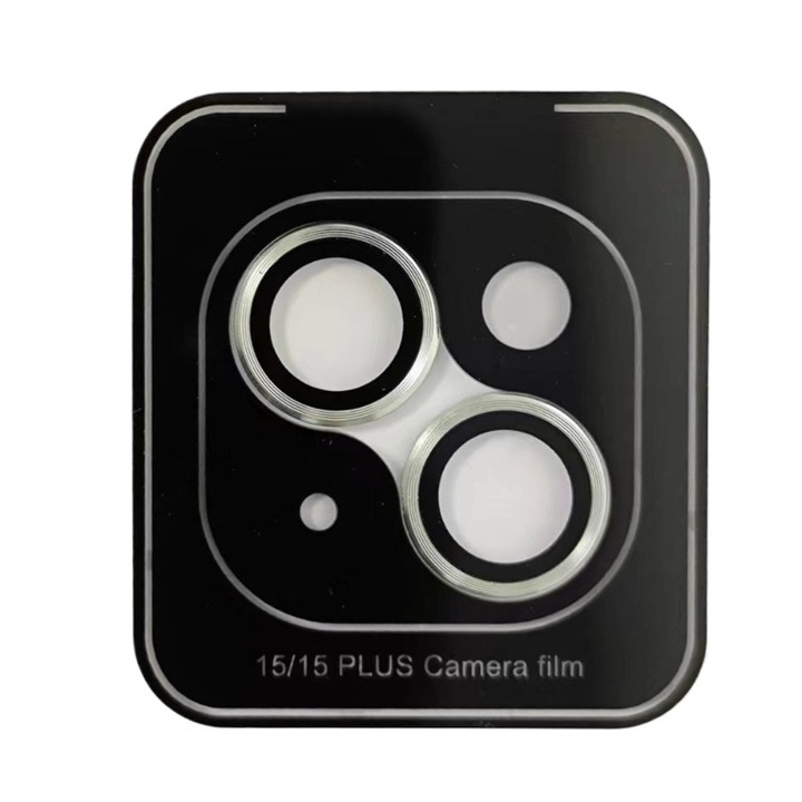 Folie protectie lentila camera iPhone 15/15 Plus, sticla temperata, transparent/argintiu