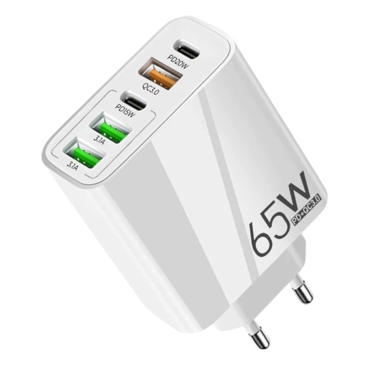 Hálózati töltő, 5 port, gyorstöltés 65W, univerzális, fehér