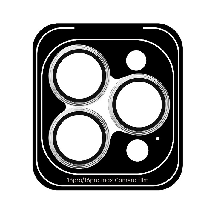 Протектор за камера iPhone 16Pro / 16Pro Max, 9H закалено стъкло, устойчиво на надраскване, CD дизайн, сребристо