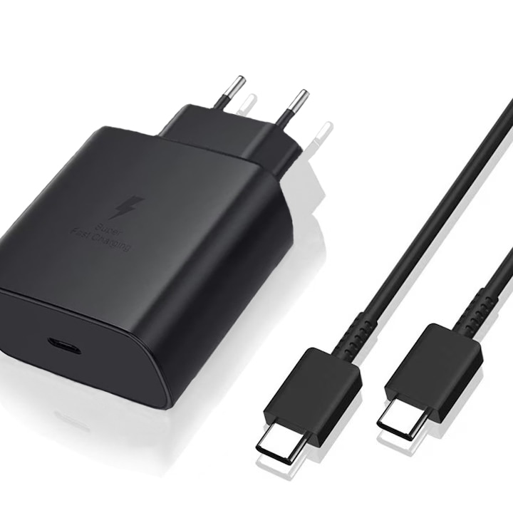 Hálózati töltő, 45 W-os gyorstöltés, 1 méteres kábel, Type-C – Type-C, Univerzális kompatibilis Huawei, Samsung, Xiaomi, Fekete