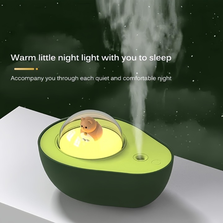 Umidificator cu ceata rece, Mini umidificator cu lumina de noapte draguta pentru pisoi, pentru decorarea camerei de zi acasa, birou, dormitor, interior masina, 210ml, 1200mAh, USB, verde avocado