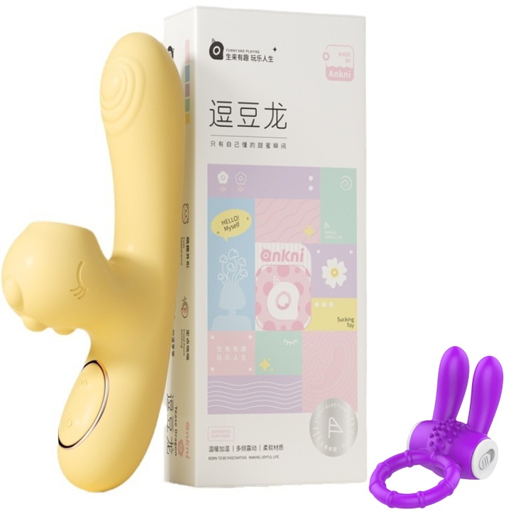 Vibrátor és csiklóizgató, 2 az 1-ben, dinoszaurusz forma, 1 nyuszis vibrációs péniszgyűrű, kétrészes készlet, MzcrJosv, melegítési funkció, 10x2 vibrációs mód, USB töltés, orvosi szilikon, vízálló, 14 cm x 2,7 cm x 1 cm, Sárga