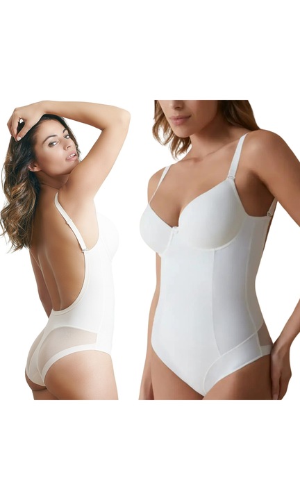 Body Dama, Selene, Giorgia, Material moale, Efect modelator, Spate decupat, Fara cusaturi laterale, Cupe cu burete, Bretele inguste, Material respirabil, Insertii de plasa, 70% poliamida, 16% elastan, 14% bumbac, Alb, 75C