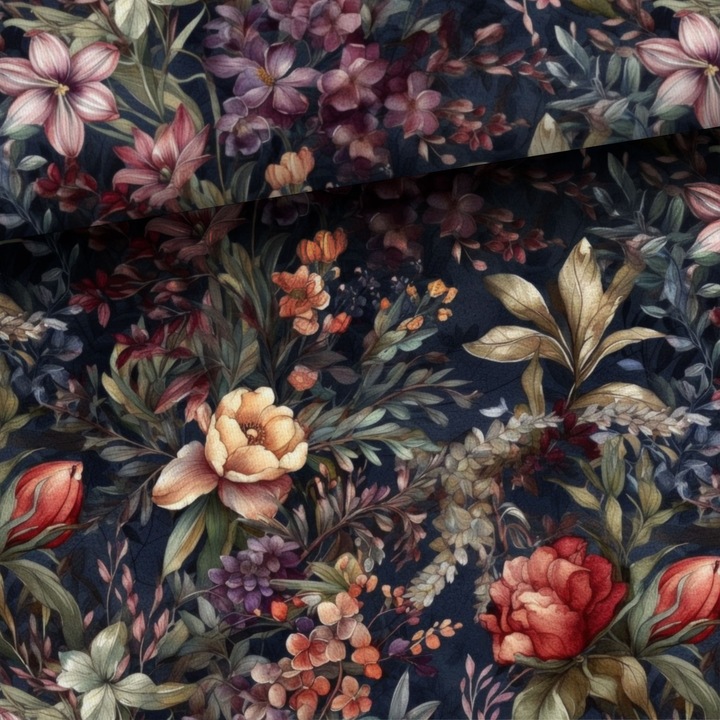 Material textil, Tricot jersey imprimat Midnight flowers, bumbac 92%, elastan 8%