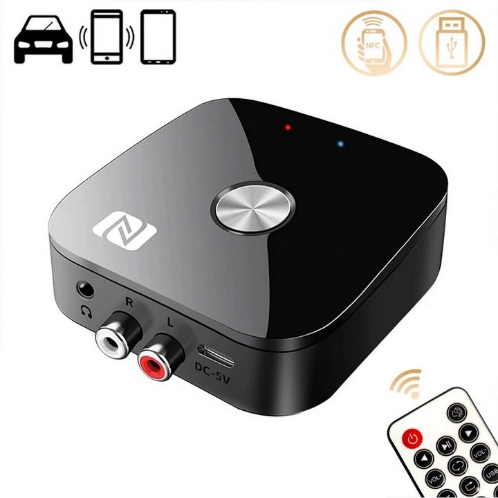 Adaptor, Receptor, Transmitator Bluetooth, BT. 5.3, 2 x RCA, Jack 3.5 mm, APTX NFC, Telecomanda, Raza de Operare pana la 10 m, Negru