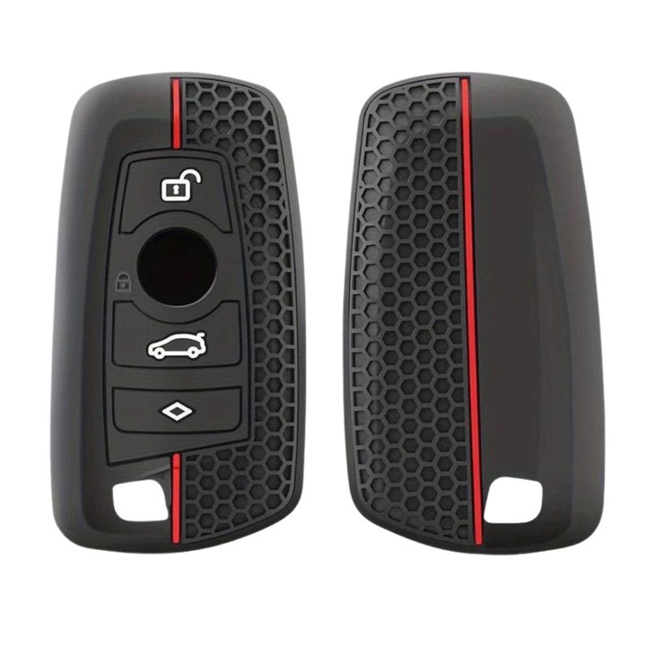 Husa cheie din silicon AUTOTOB®, 4 butoane, BMW, model sport, negru/rosu