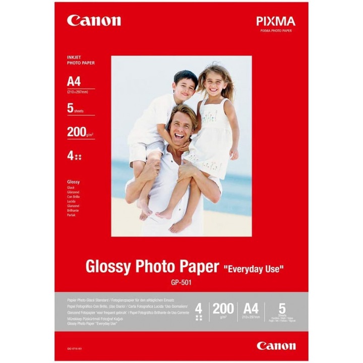 Hartie foto Canon Pixma Photo Paper Everyday Use Glossy GP-501, A4, 200 g/m², 5 coli